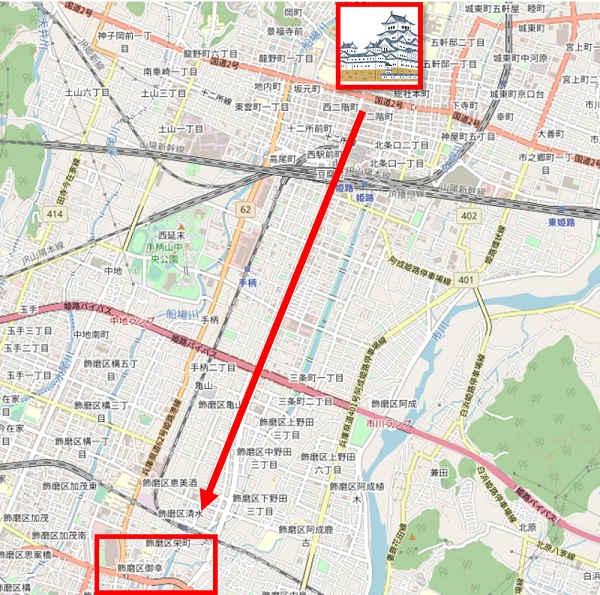 姫路城から飾磨津の地図